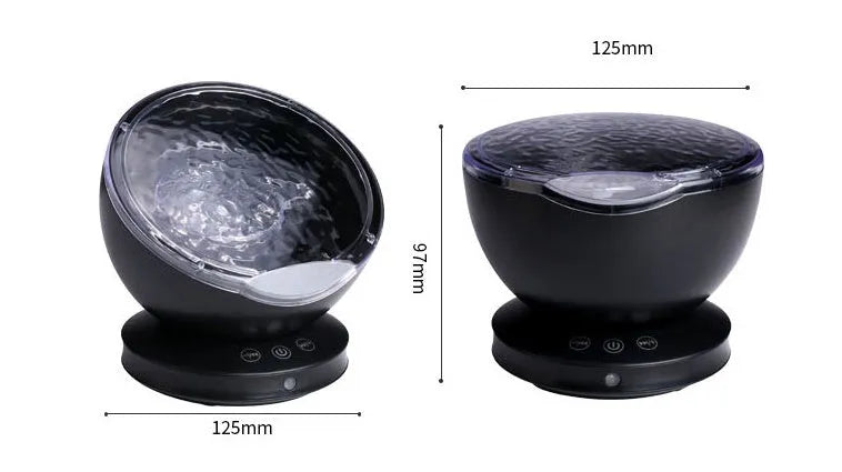 White and blue ocean wave projector LED night light with remote control, measuring 13x12x12 cm