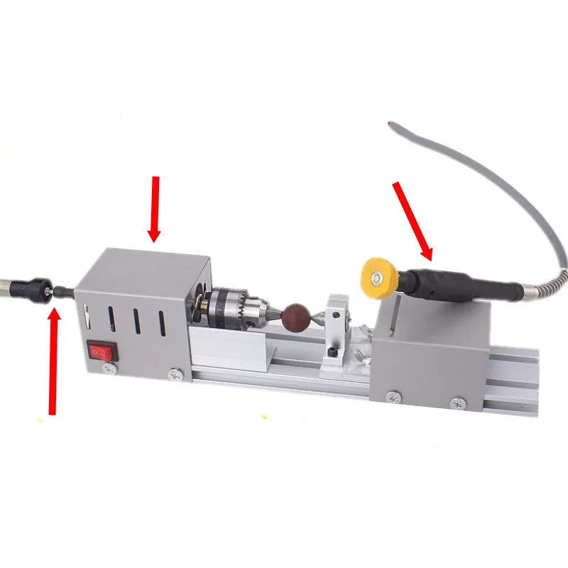 Mini metal silver woodworking lathe with 140mm processing capacity and six carving knives