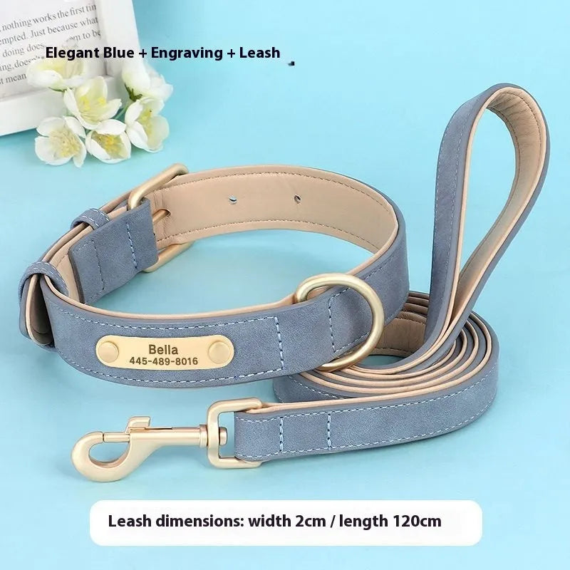 Double-layer leather dog collar and matching traction rope in rose red, brown, or blue.