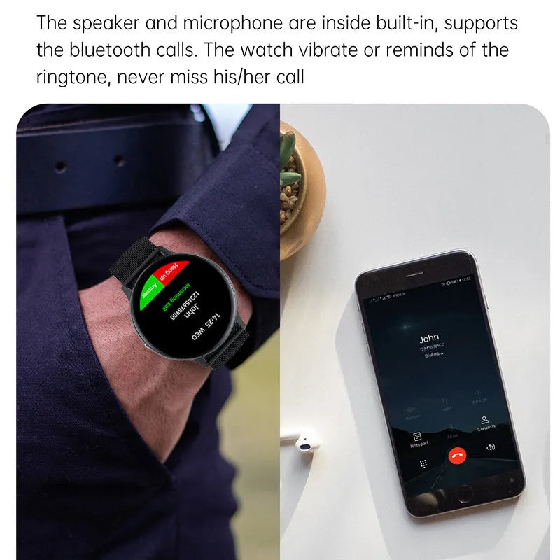 Black smart bracelet watch with touch screen displaying heart rate and call icons on a wrist.