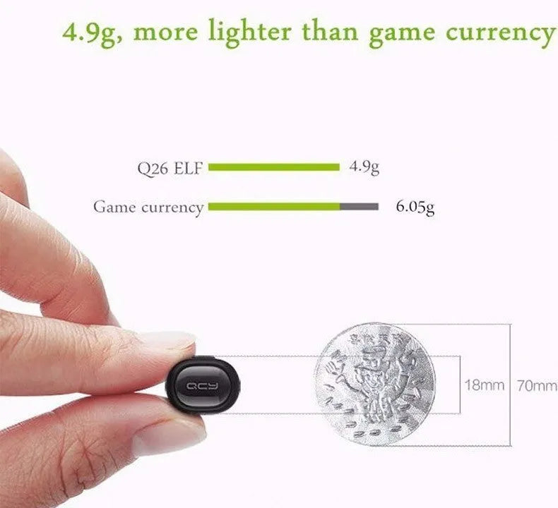 QCY Q26 Bluetooth headset in black, single-ear in-ear design with USB charging cable