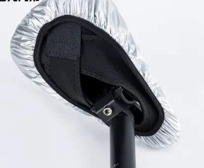 Silver polyester outdoor cycling bike saddle rain cover on a bicycle seat