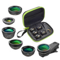 Black universal 6 in 1 smartphone camera lens kit showing fisheye, macro, wide-angle, telephoto, CPL and star filters with clip and case.
