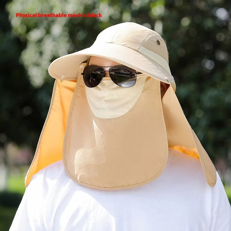 Men's sun protection hat with integrated USB fan and neck covering shawl in khaki colour