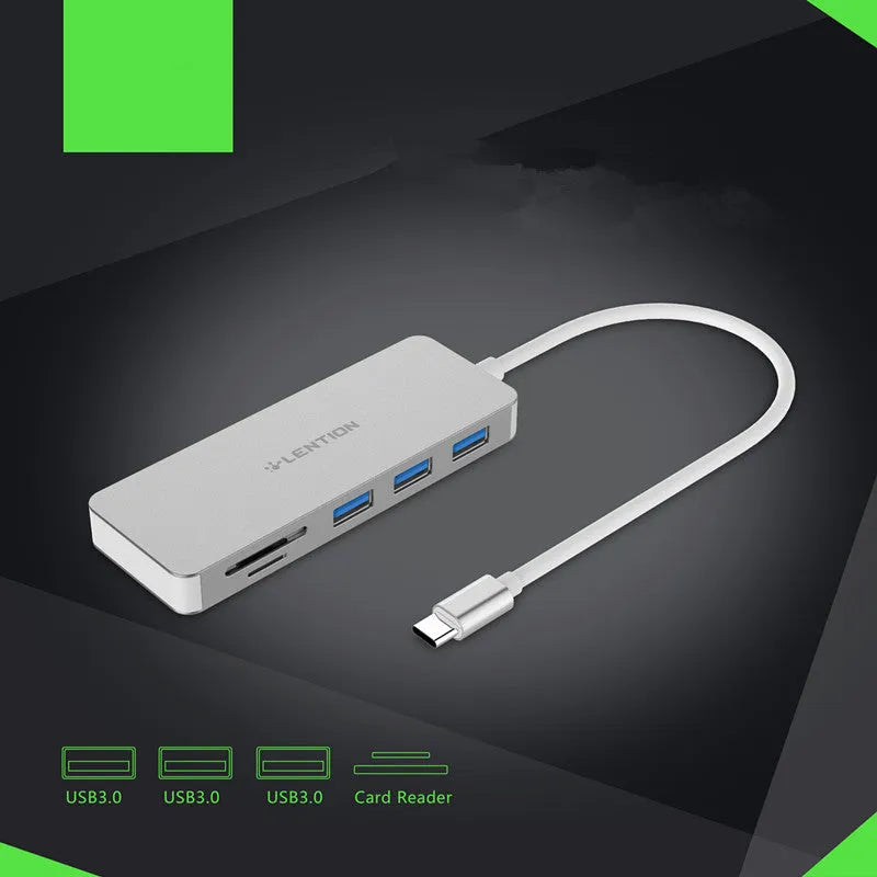 USB 3.0 hub multi-function card reader with three USB ports, SD slot, and TF slot on desk