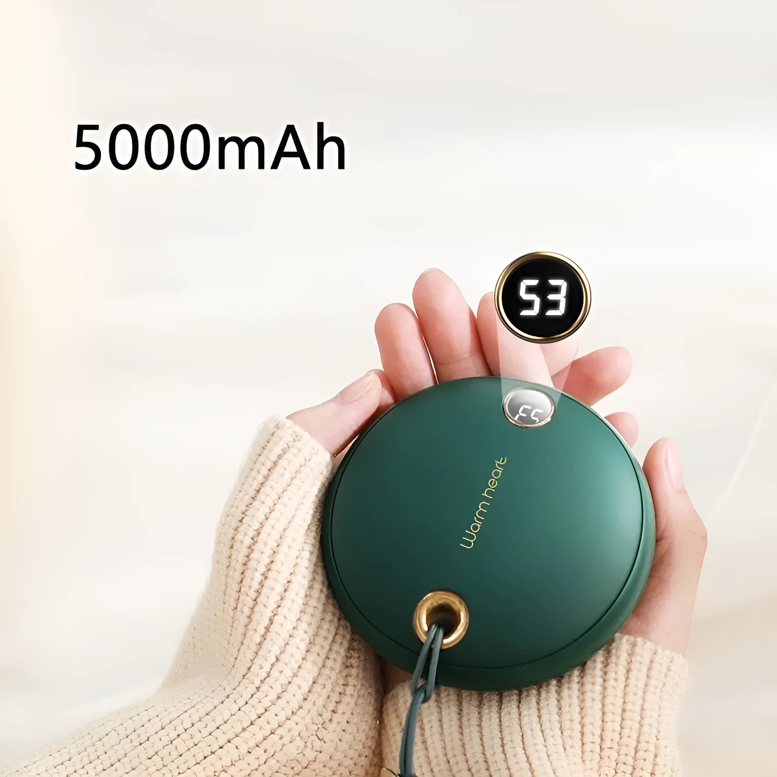 Green pink or white square power bank hand warmer with digital display showing battery percentage
