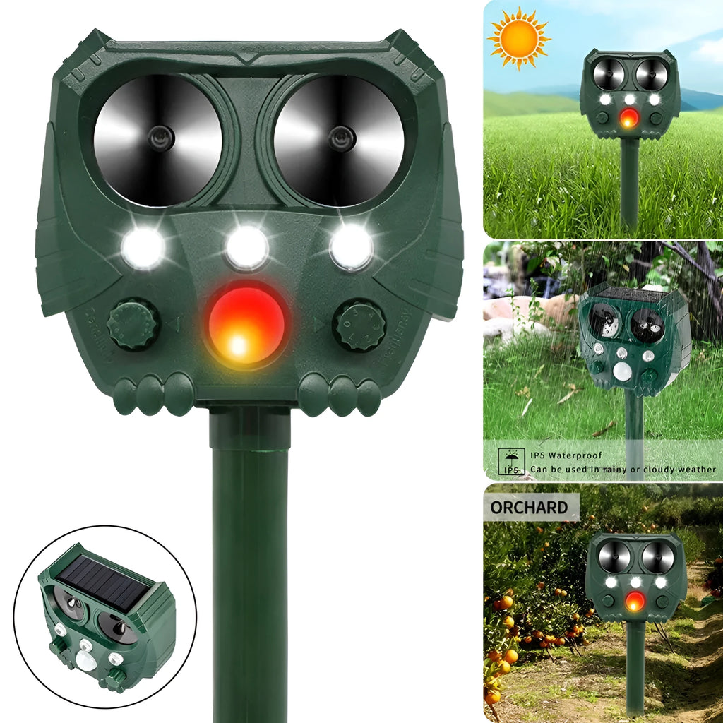 Green solar-powered ultrasonic dog and pest repeller with weatherproof ABS housing