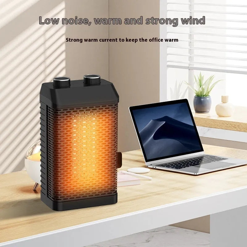 Black remote-control desk heater with shaking head on wooden desktop
