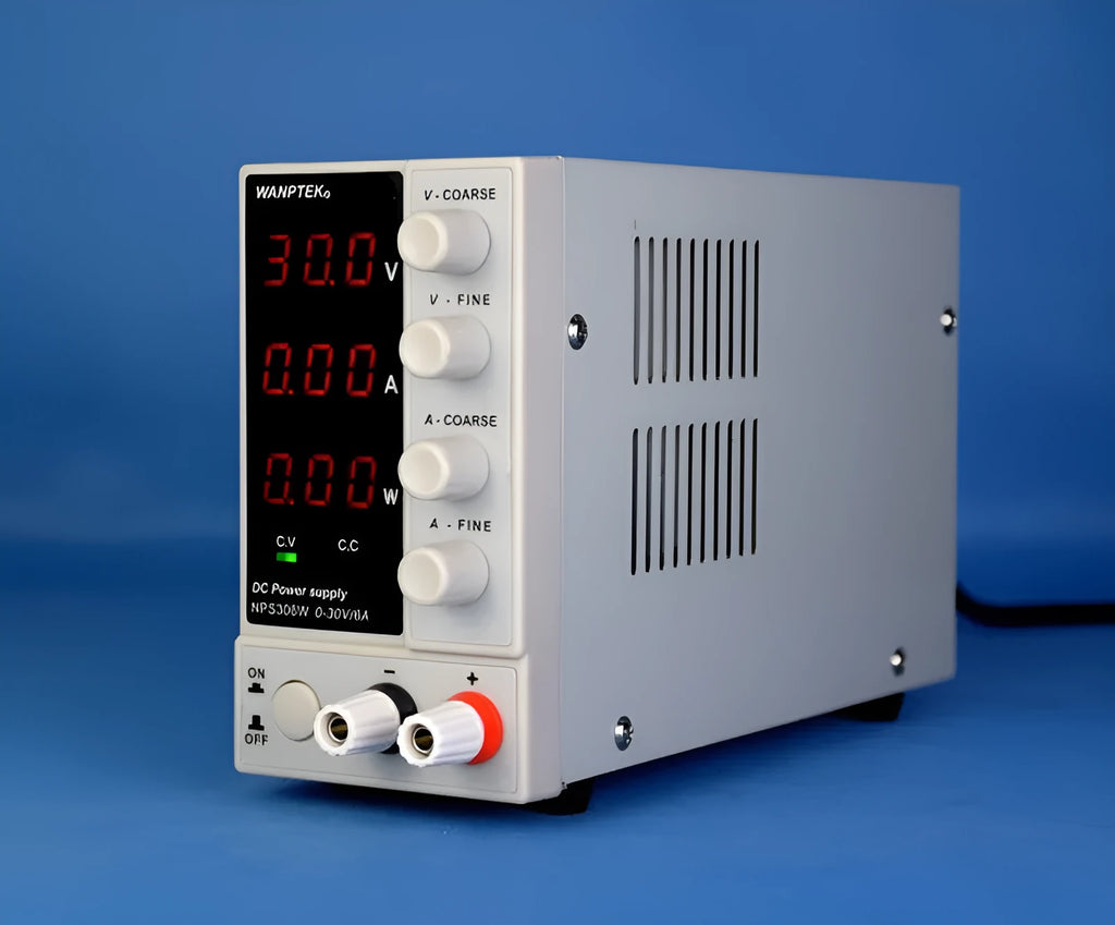 White S605W adjustable DC laboratory bench power supply unit with voltage and current dials.