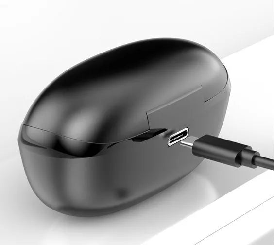 Black and white wireless Bluetooth in-ear headphones with a USB Type-C charging case