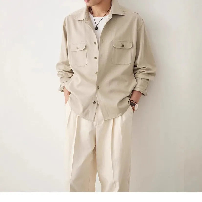 Men's long sleeve cotton shirt with a lapel collar in light sand rice colour.