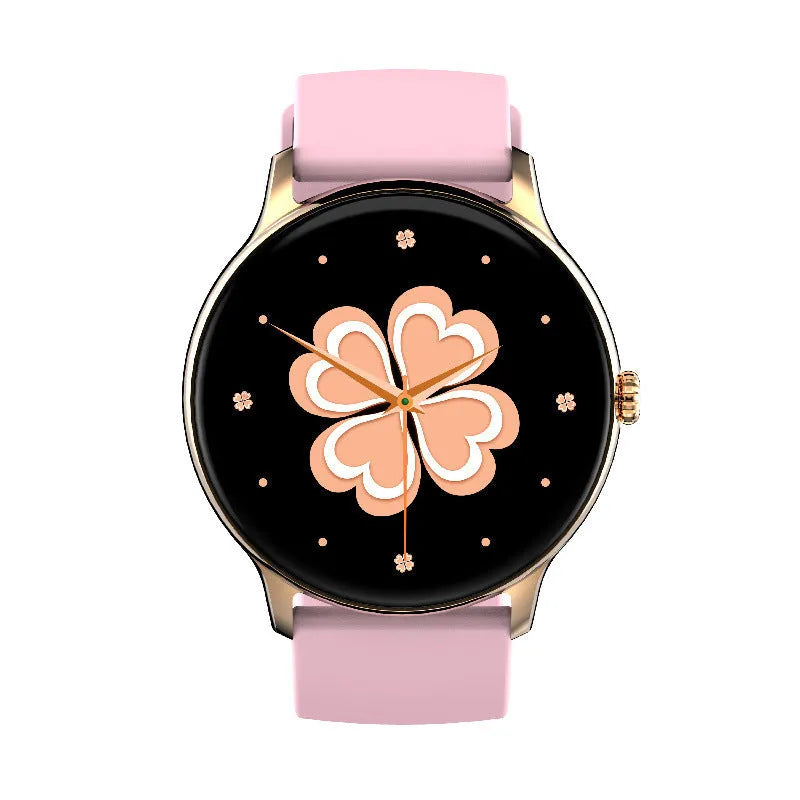 Black smart sports watch with round touch screen displaying health stats on a silicone strap.