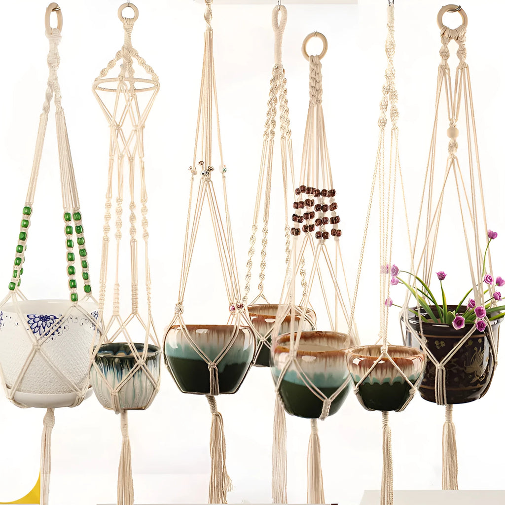 Woven cotton rope plant holder in a rustic style for hanging or tabletop use.