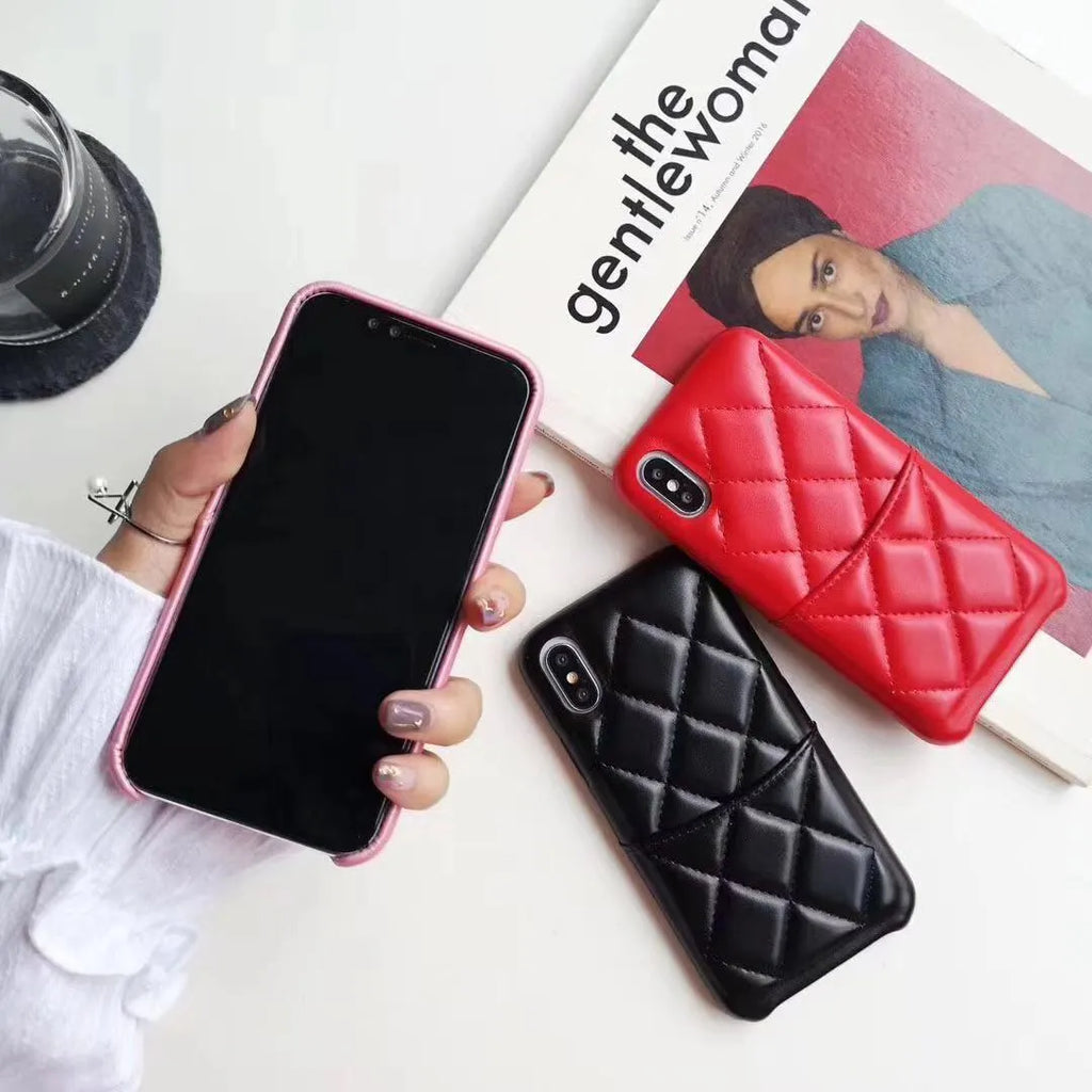 Genuine leather iPhone case in black, pink, and red colours for XS Max and iPhone 6-8 Plus models.