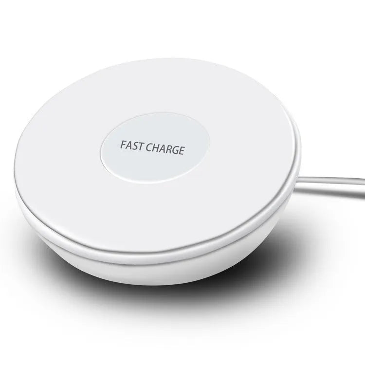 White wireless charging pad with digital clock display and control buttons for smartphone charging