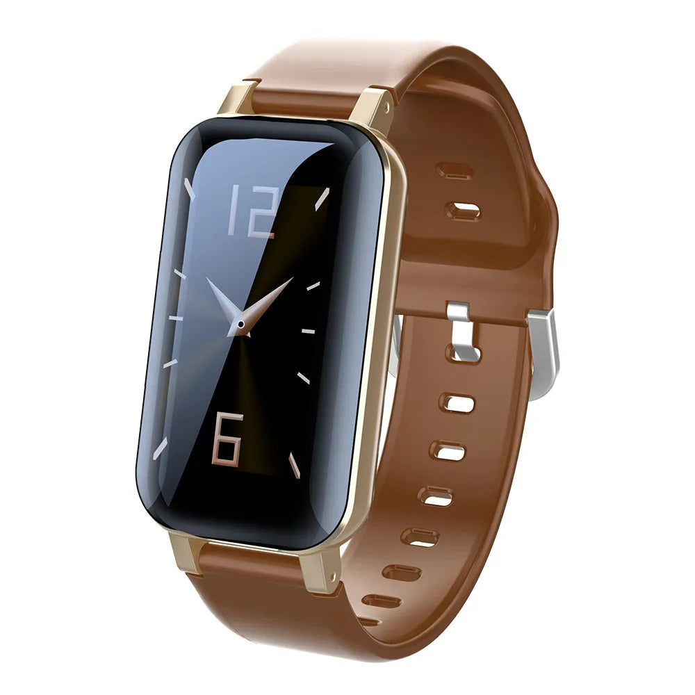 Call Bracelet smart wearable in black, blue and coffee colours showing heart rate monitor functionality