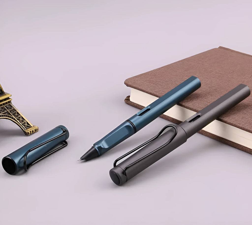 Black and blue high-quality plastic fountain pen with frosted ink bag, showing 0.38mm and 0.5mm nib options.
