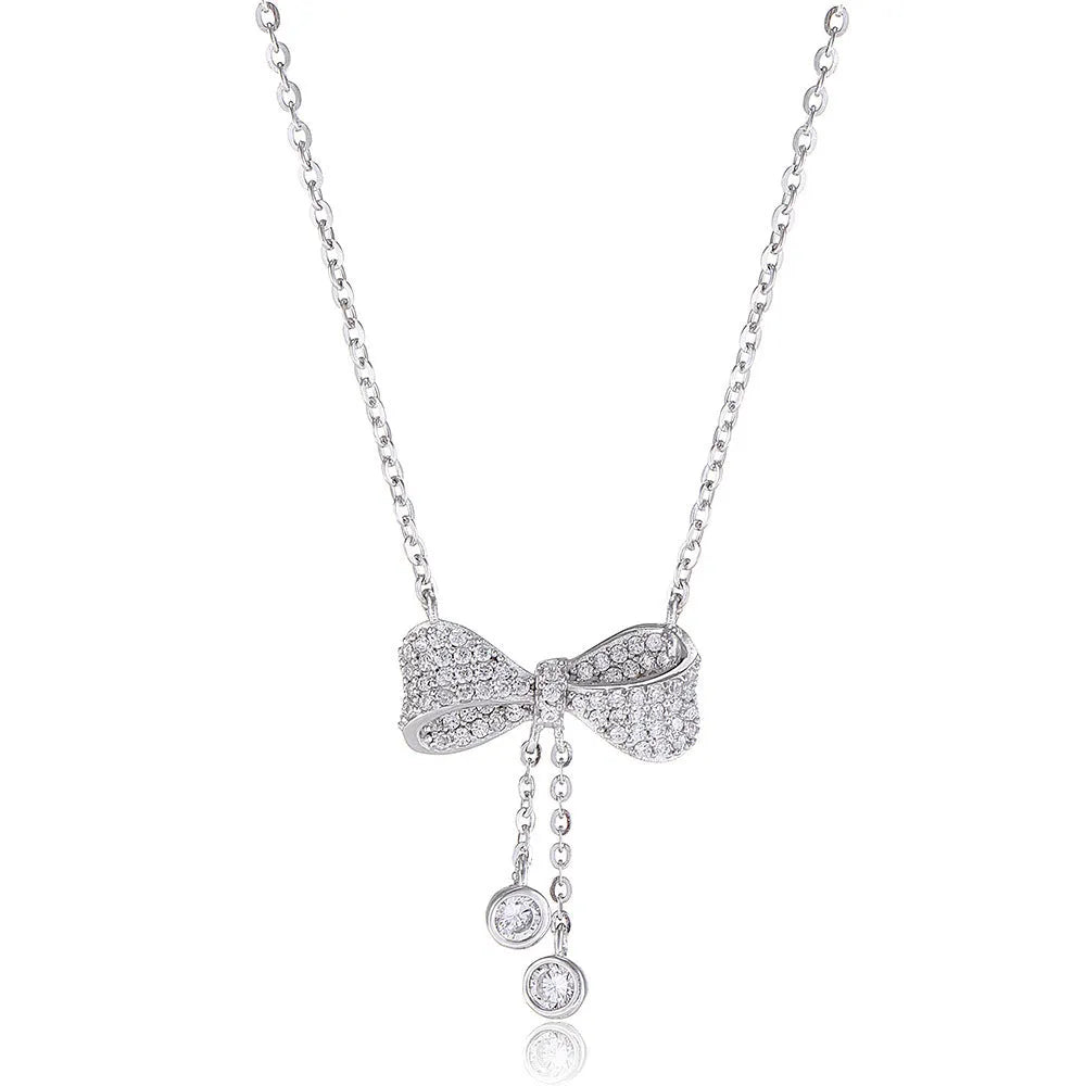 S925 sterling silver bow pendant necklace with adjustable O-ring chain for women