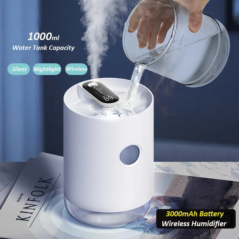 A blue wireless humidifier with a USB cable on a wooden desk.
