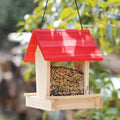 Suspended rain-proof bird feeder with red roof and log texture design
