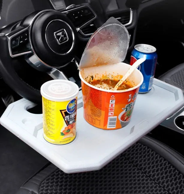 Car steering wheel desk tray in black HDPE and PU leather with phone slot and cup holder, 420x280mm