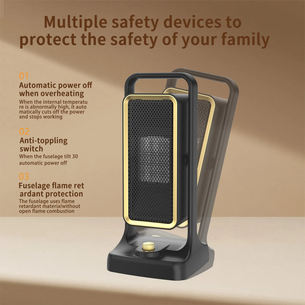 Black compact PTC ceramic desktop air heater with control knob on front