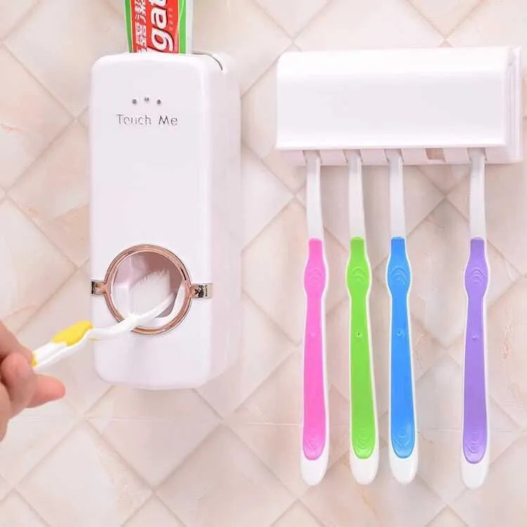 White bathroom toothbrush holder set with plastic and silicone construction for smooth wall surfaces