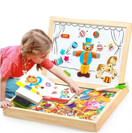 Wooden magnetic puzzle board with animal and vehicle pieces on drawing surface