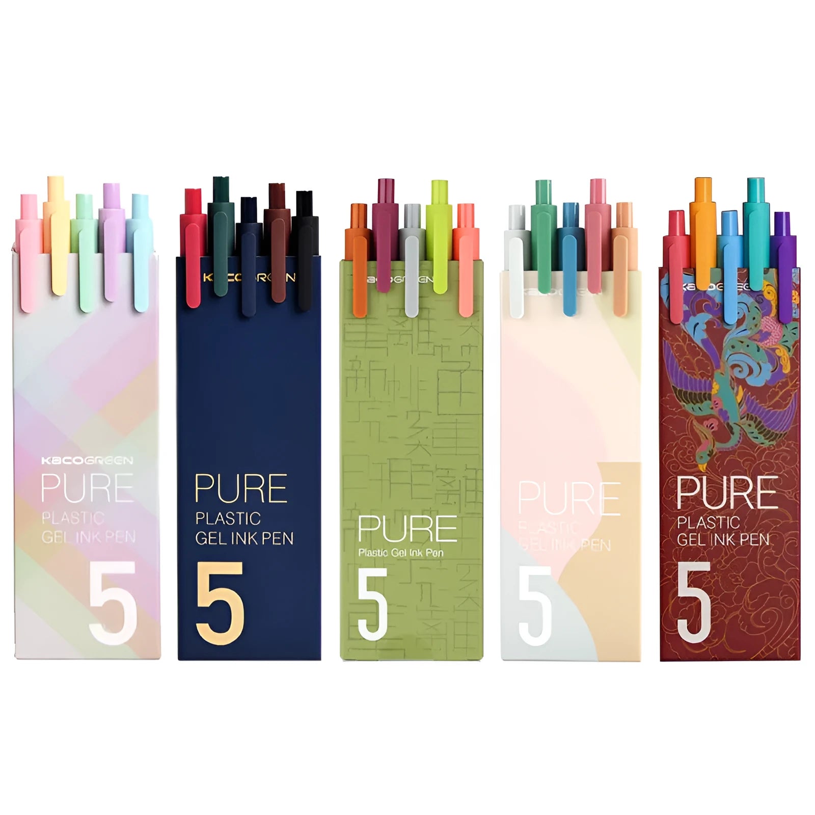 Set of five colour gel pens with 0.5mm fine tips in retro colour barrels for note taking