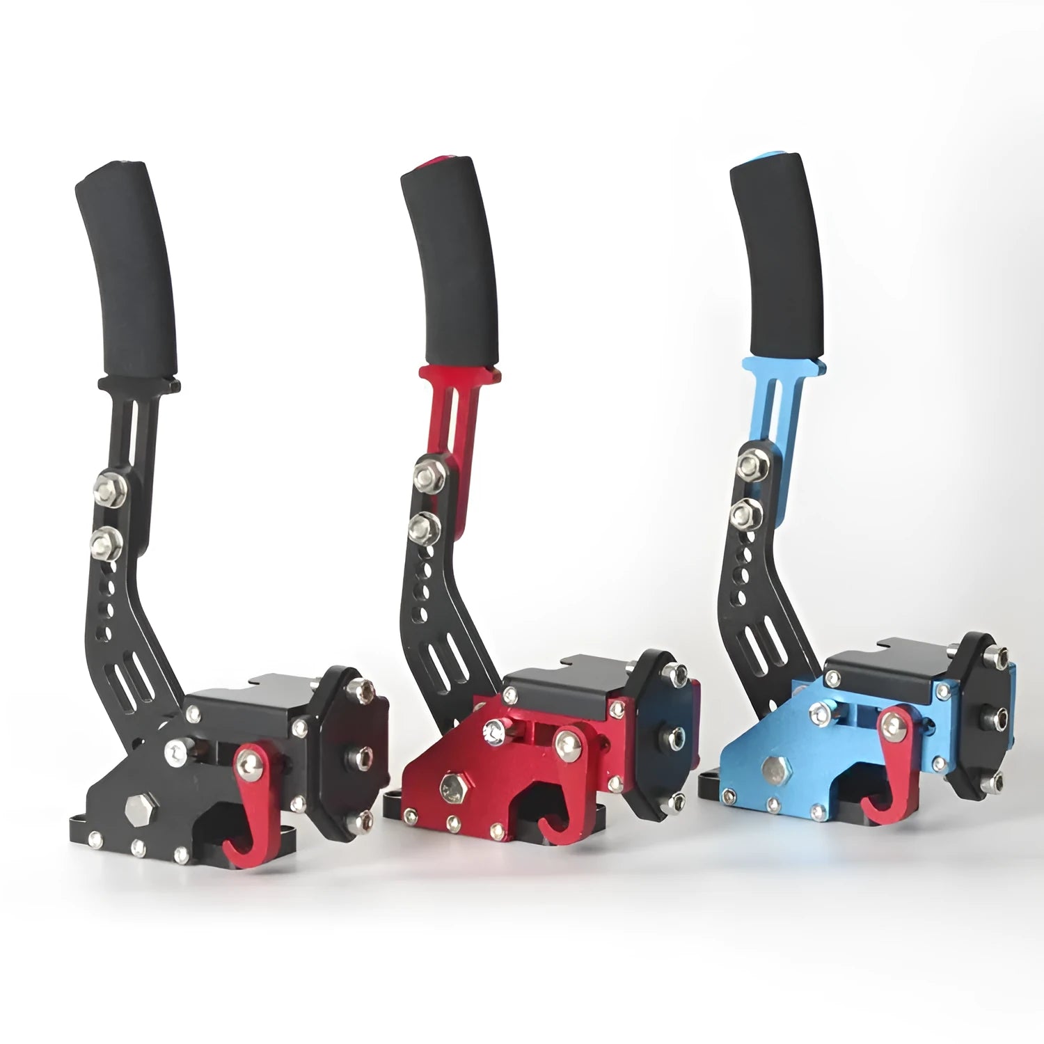Linear handbrake for PC sim racing in red, black, or blue, compatible with Logitech and Thrustmaster wheels.