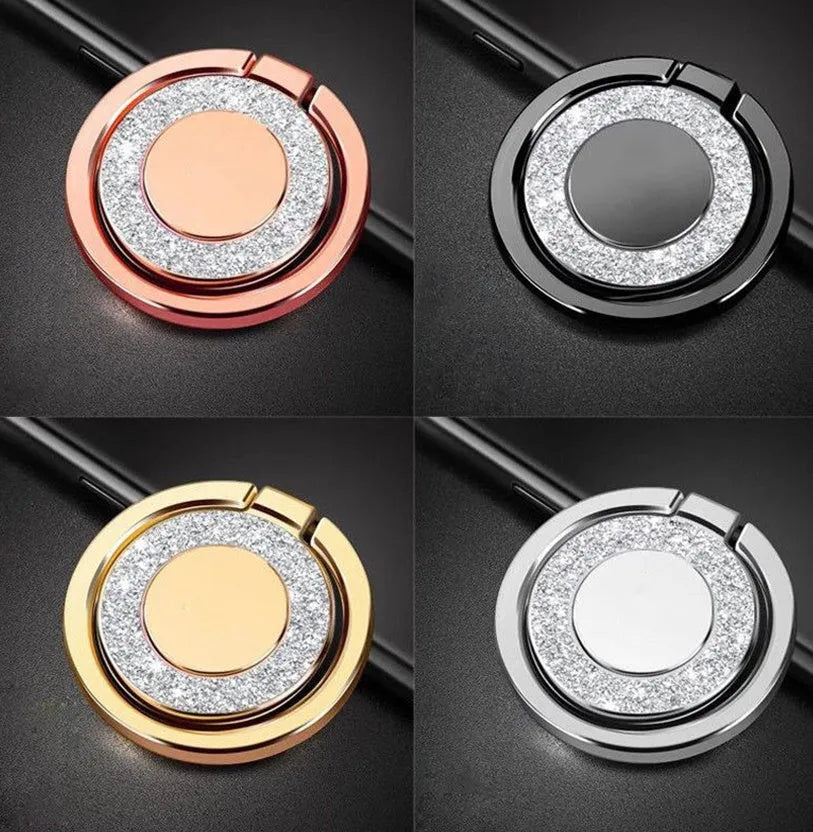 Bling glitter metal phone ring holder in silver colour, showing 360-degree rotation.