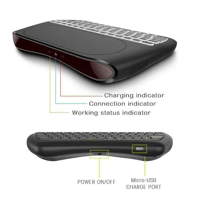Black D8 Pro 78-key mini wireless keyboard with integrated touchpad and USB adapter.