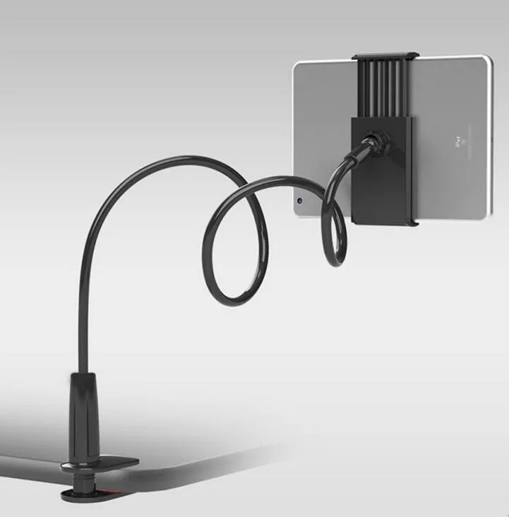 Bedside long-arm mobile phone holder in aluminium alloy and plastic on a table.