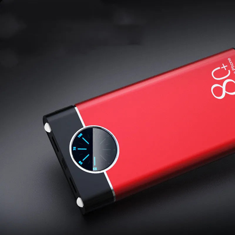 Black, red, and blue alloy-shell 20000mAh fast charging power bank with LED flashlight.