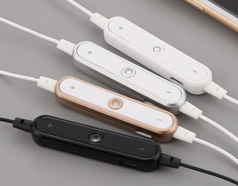 Wireless Bluetooth headset compatible with iPhone 7 and 6 models in black, white, gold, or silver.
