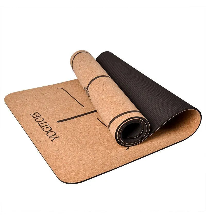 Natural cork yoga mat with asana guide line and TPE base, 183cm x 65cm x 6mm thickness