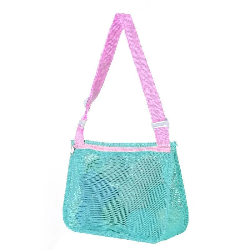 Blue nylon mesh travel storage organiser bag for children's toys and clothing, sealed, measuring 20x25x8cm.