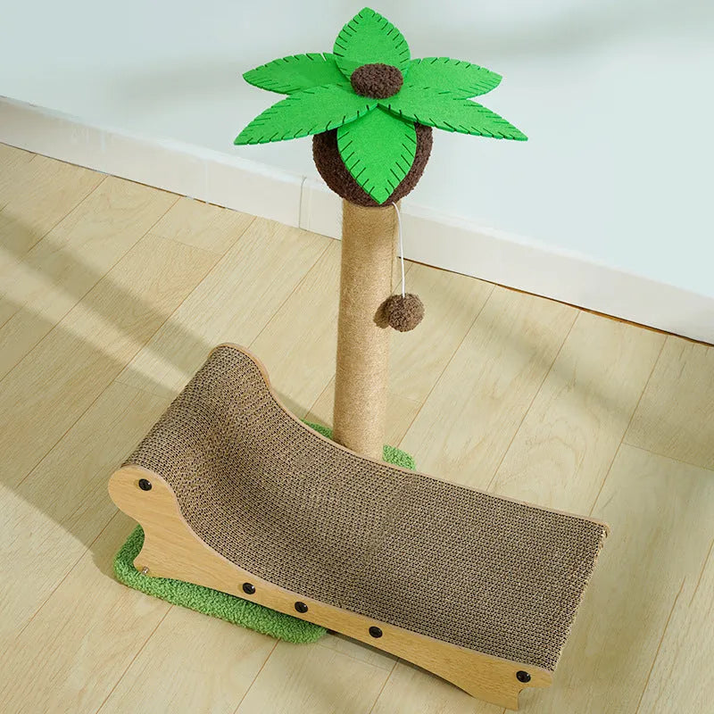 Wooden beach chair style cat climbing frame with a built-in hemp mat scratching post and raised bed.