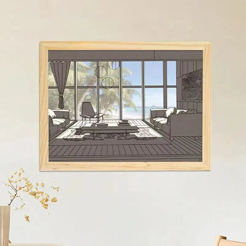 LED illuminated decorative picture on acrylic panel with scenic design and adjustable colour lighting