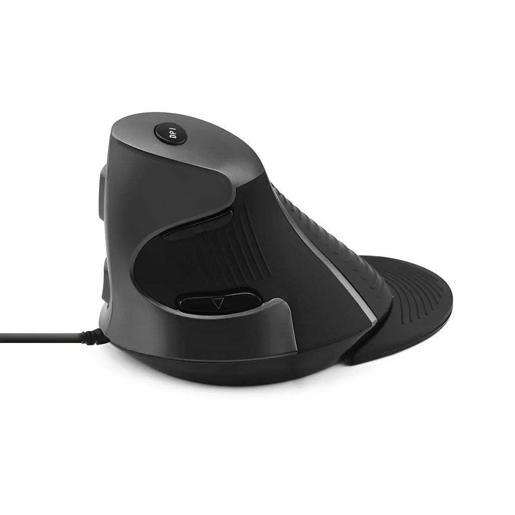 Black and white ergonomic vertical wired optical mouse for desktop computers with natural handshake grip