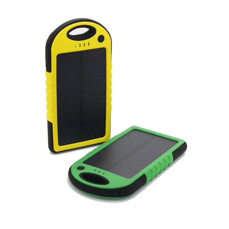 Solar power bank 8000mAh dual battery charger with 1W monocrystalline panel, IPX4 waterproof, and carabiner on backpack