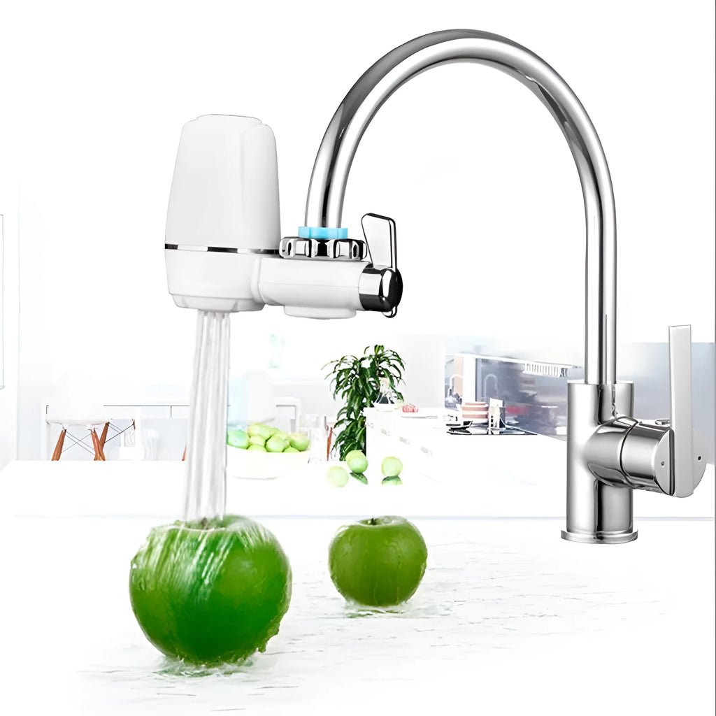 White plastic faucet water filter with ceramic cartridge and universal adapters for kitchen tap installation
