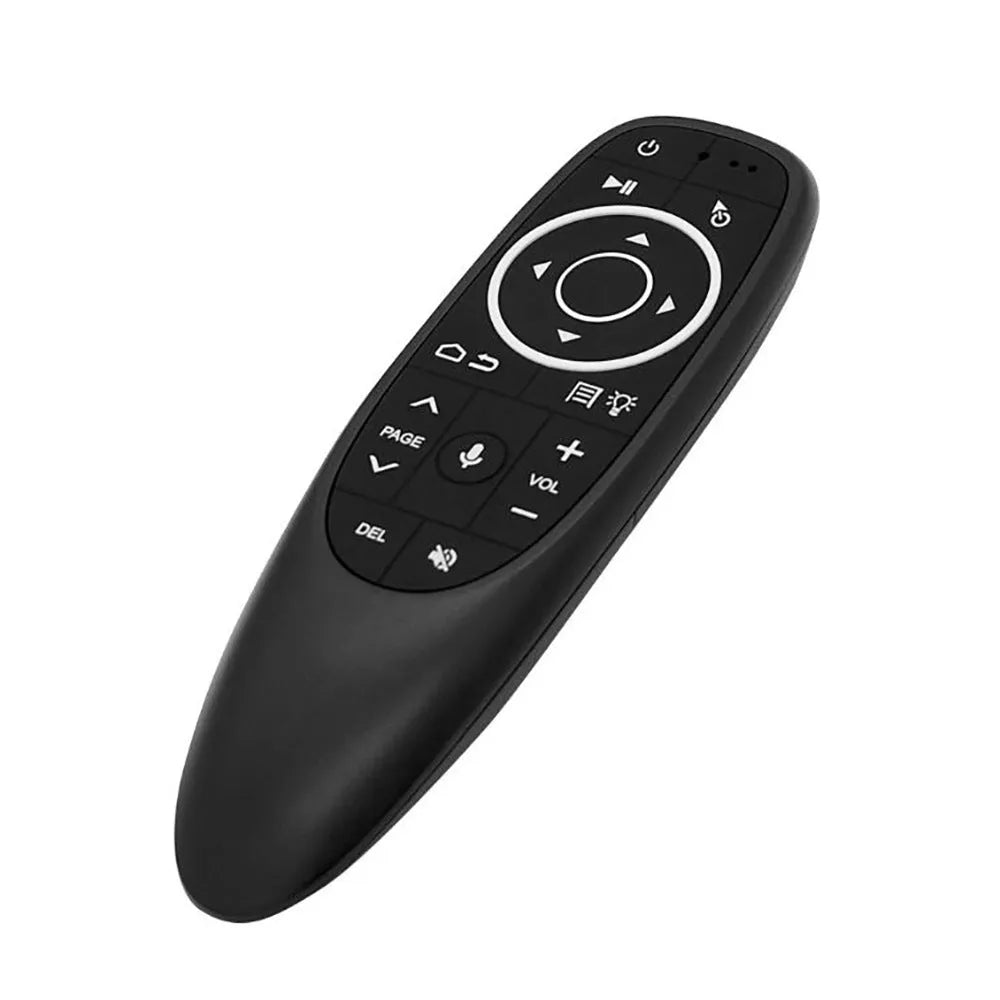 G10 G10S Pro intelligent voice remote control with plastic shell and silicone buttons on a dark surface.