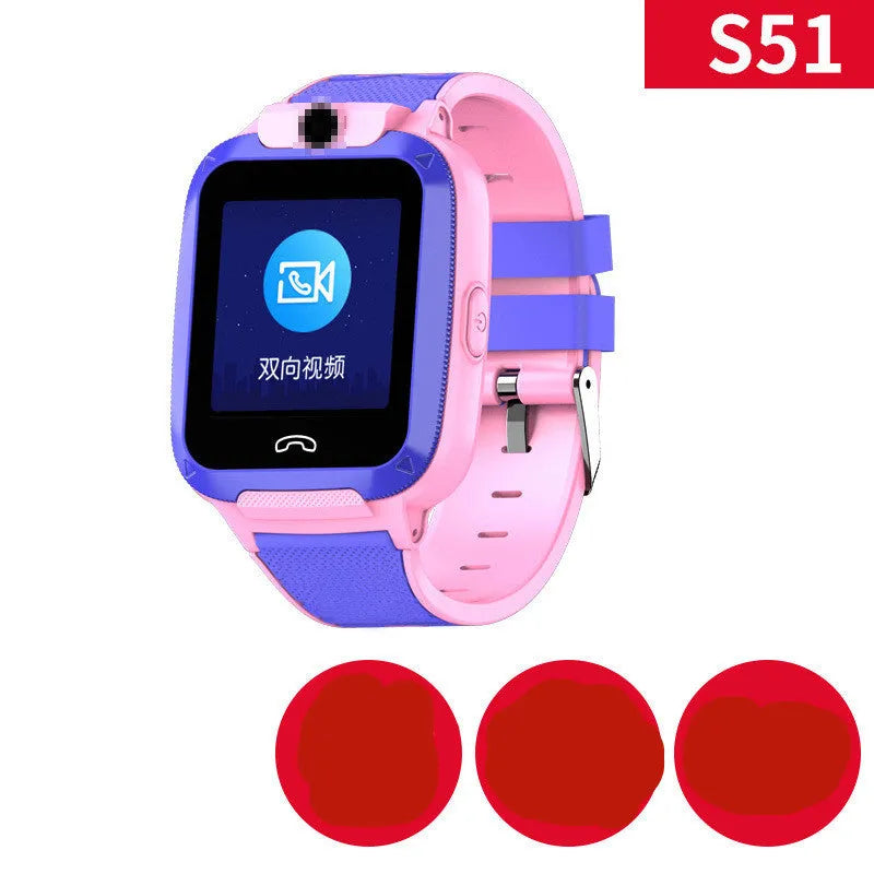 Blue children's smartwatch with a silicone strap and a 1.44-inch touch screen displaying GPS and video call icons.