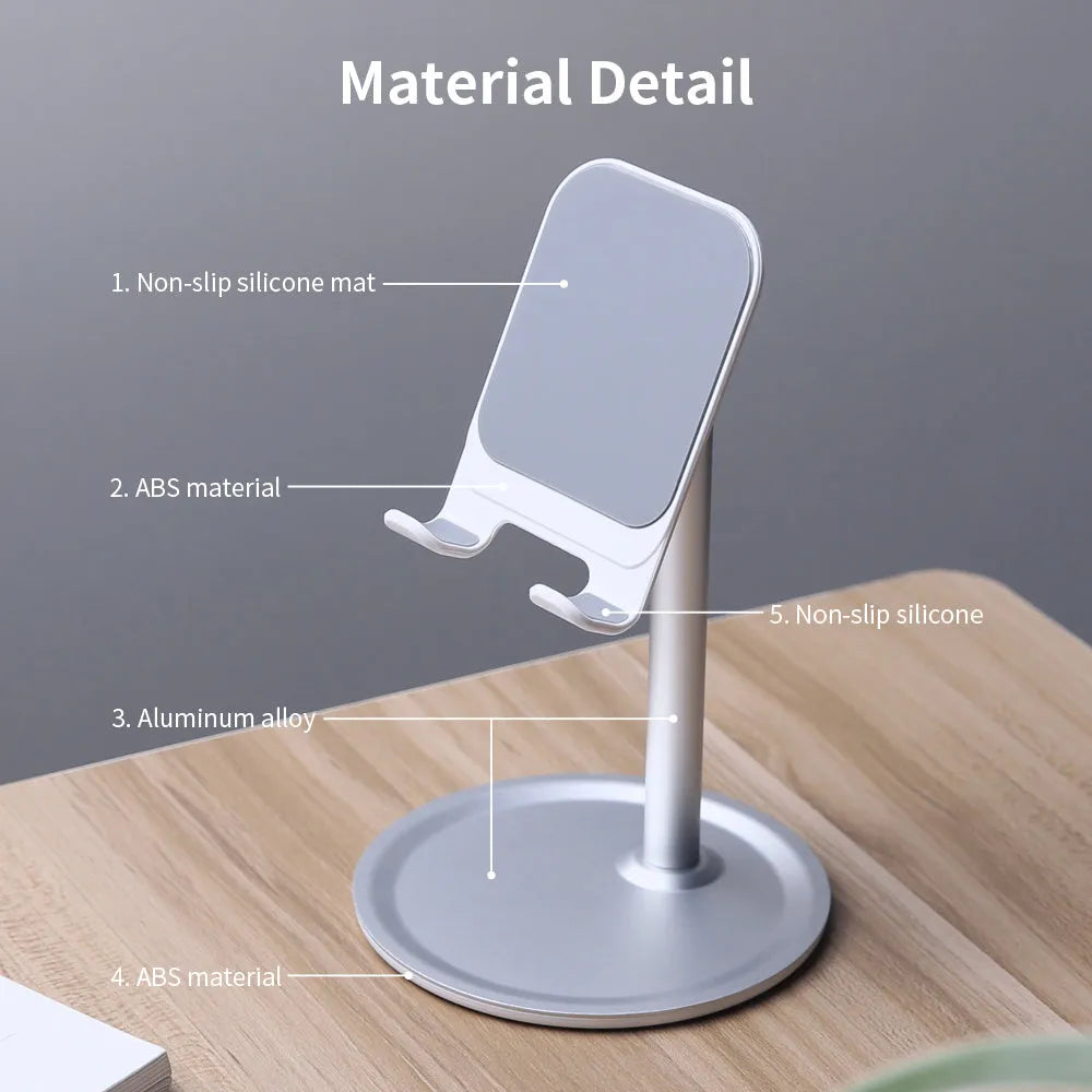 Aluminium alloy and plastic foldable stand holding a tablet on a desk