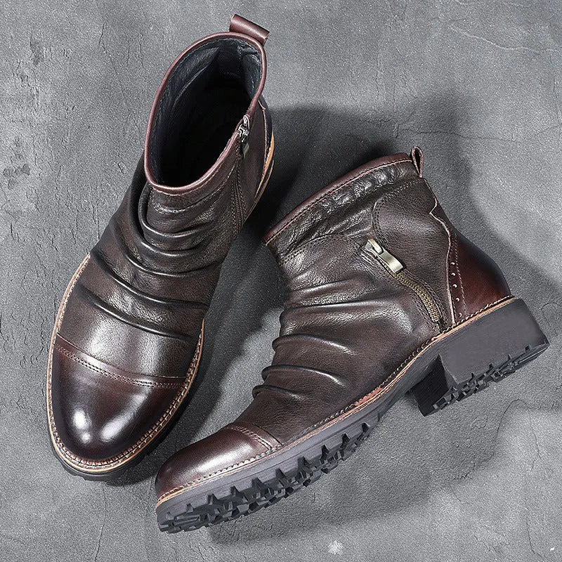 Men's brown embossed PU Martin boots with a side zip and round toe on a plain background.