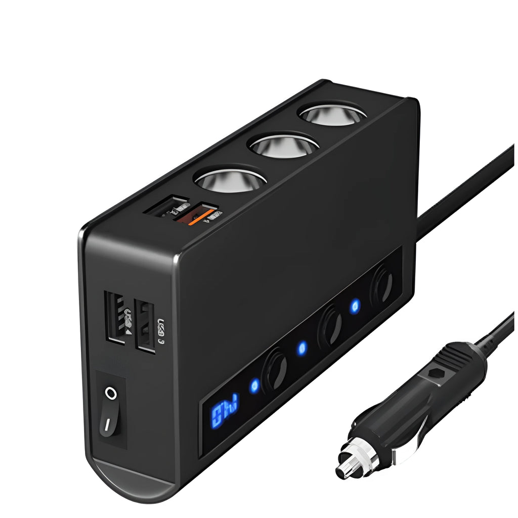 Three-port car charger with cigarette lighter socket and QC3.0 USB ports, black ABS housing, 70cm cable