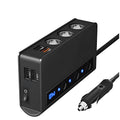 Three-port car charger with cigarette lighter socket and QC3.0 USB ports, black ABS housing, 70cm cable
