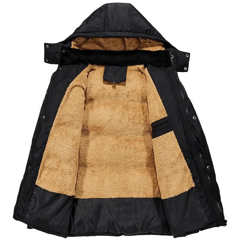 Men's black velvet padded jacket with hood and double-breasted button front, shown on a model.