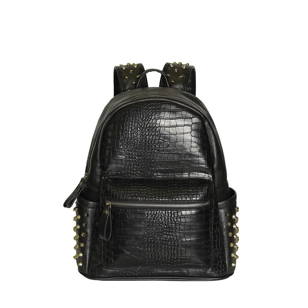 Black waterproof fashion computer bag with oil wax leather finish and rivet detailing showing interior compartments